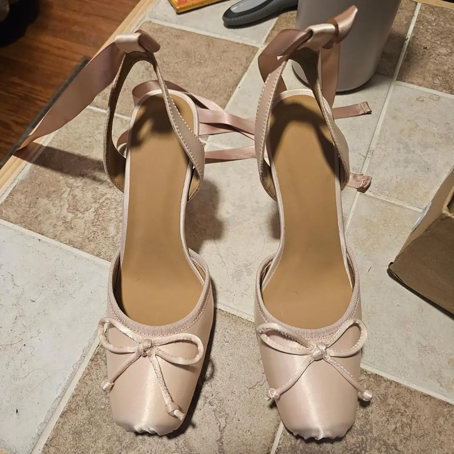 Women's Satin Stiletto Heels - Elegant Ballet Slingback Pumps with Bow Accents, Square Toe & Lace-Up Closure for Wedding, Party, Special Occasions