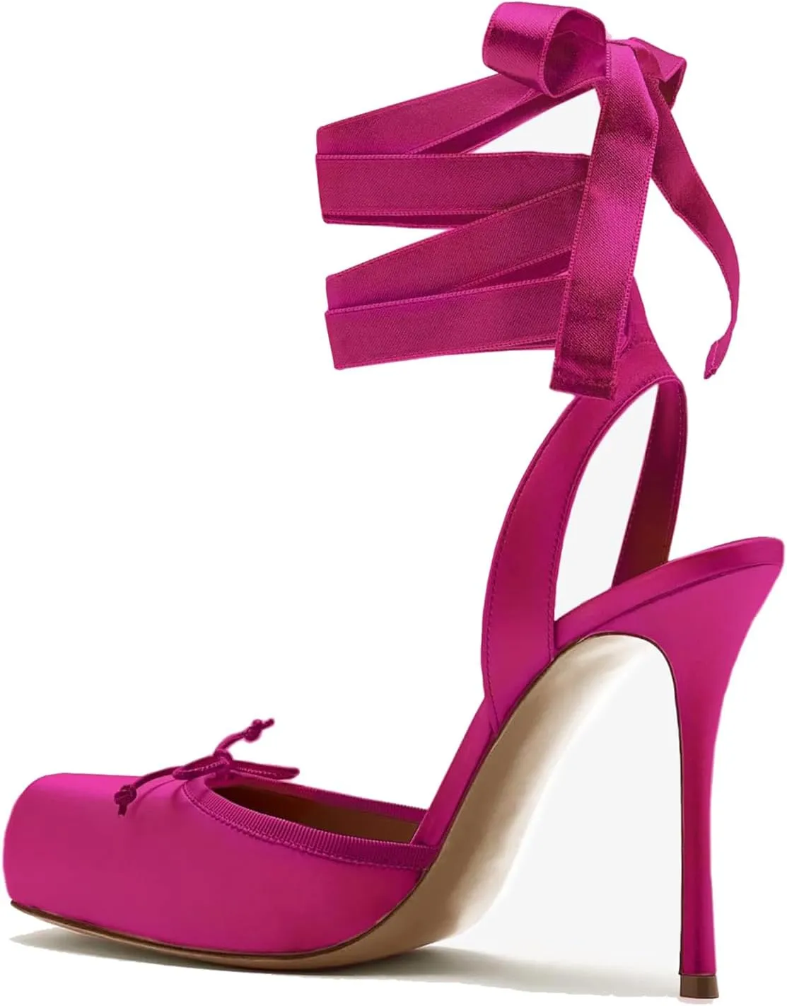 Women's Satin Stiletto Heels - Elegant Ballet Slingback Pumps with Bow Accents, Square Toe & Lace-Up Closure for Wedding, Party, Special Occasions