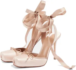 Women's Satin Stiletto Heels - Elegant Ballet Slingback Pumps with Bow Accents, Square Toe & Lace-Up Closure for Wedding, Party, Special Occasions