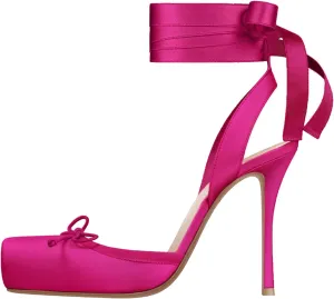 Women's Satin Stiletto Heels - Elegant Ballet Slingback Pumps with Bow Accents, Square Toe & Lace-Up Closure for Wedding, Party, Special Occasions