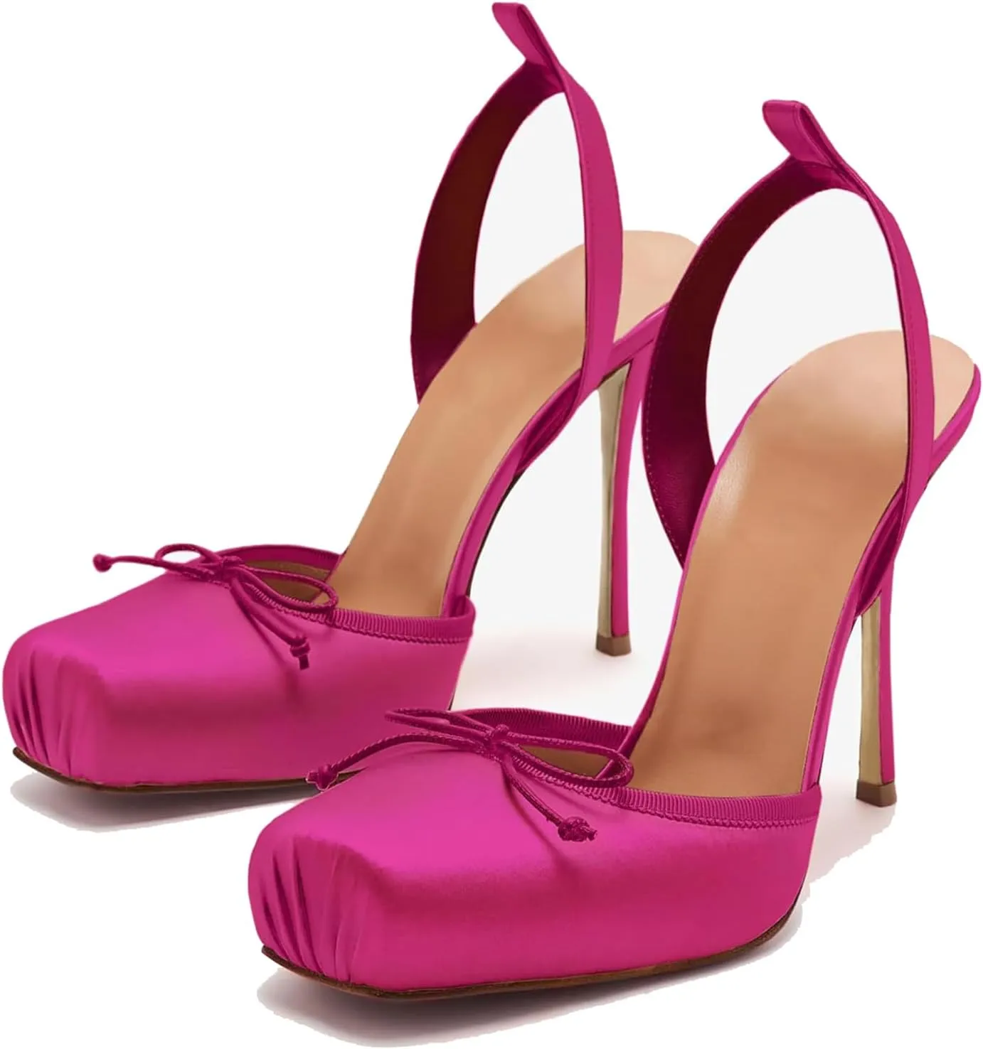 Women's Satin Stiletto Heels - Elegant Ballet Slingback Pumps with Bow Accents, Square Toe & Lace-Up Closure for Wedding, Party, Special Occasions