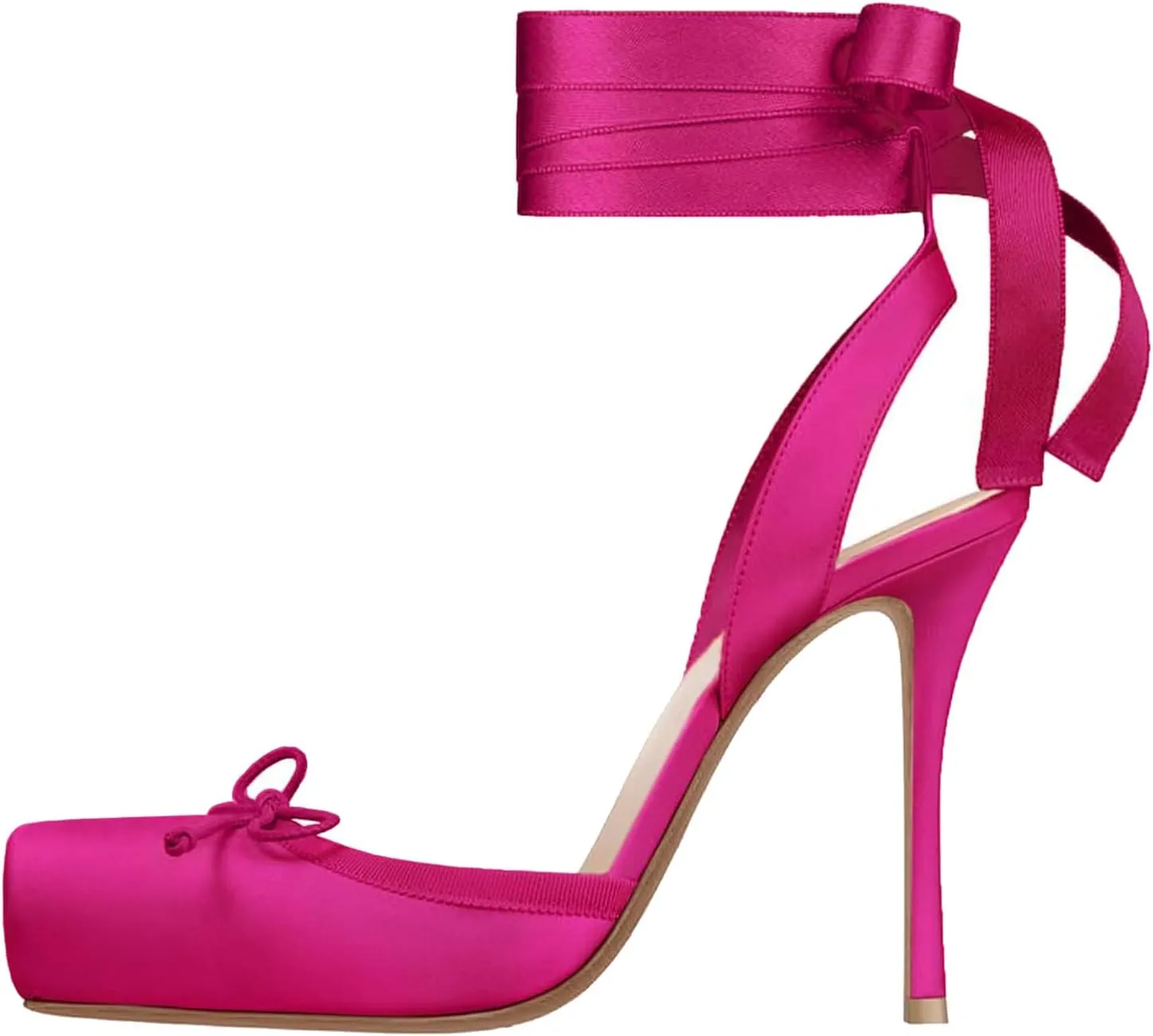Women's Satin Stiletto Heels - Elegant Ballet Slingback Pumps with Bow Accents, Square Toe & Lace-Up Closure for Wedding, Party, Special Occasions