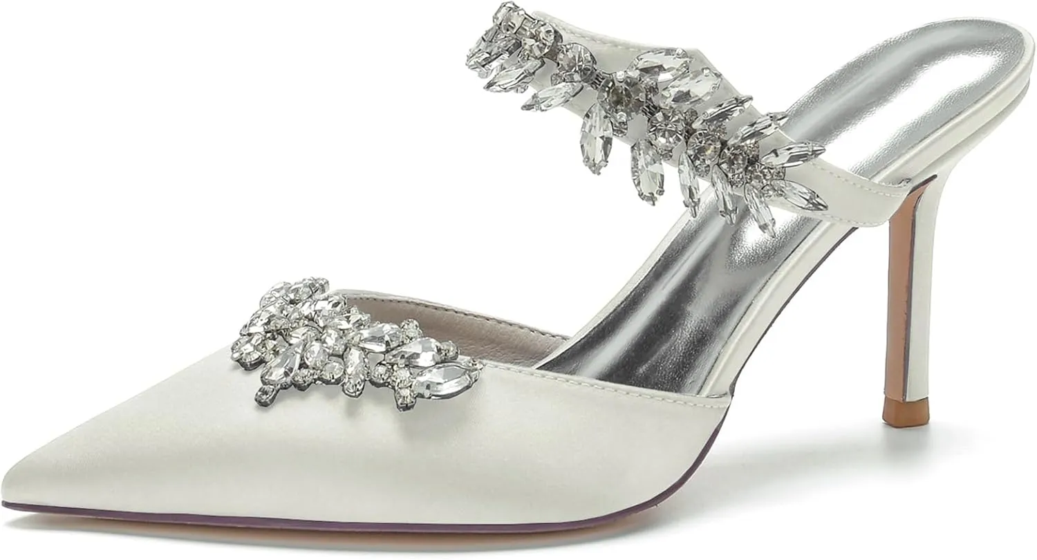 Women's Wedding Shoes with Crystal Sparkly Pointed ToeHigh Pumps Bridal Party Work Dress Slingback Shoes