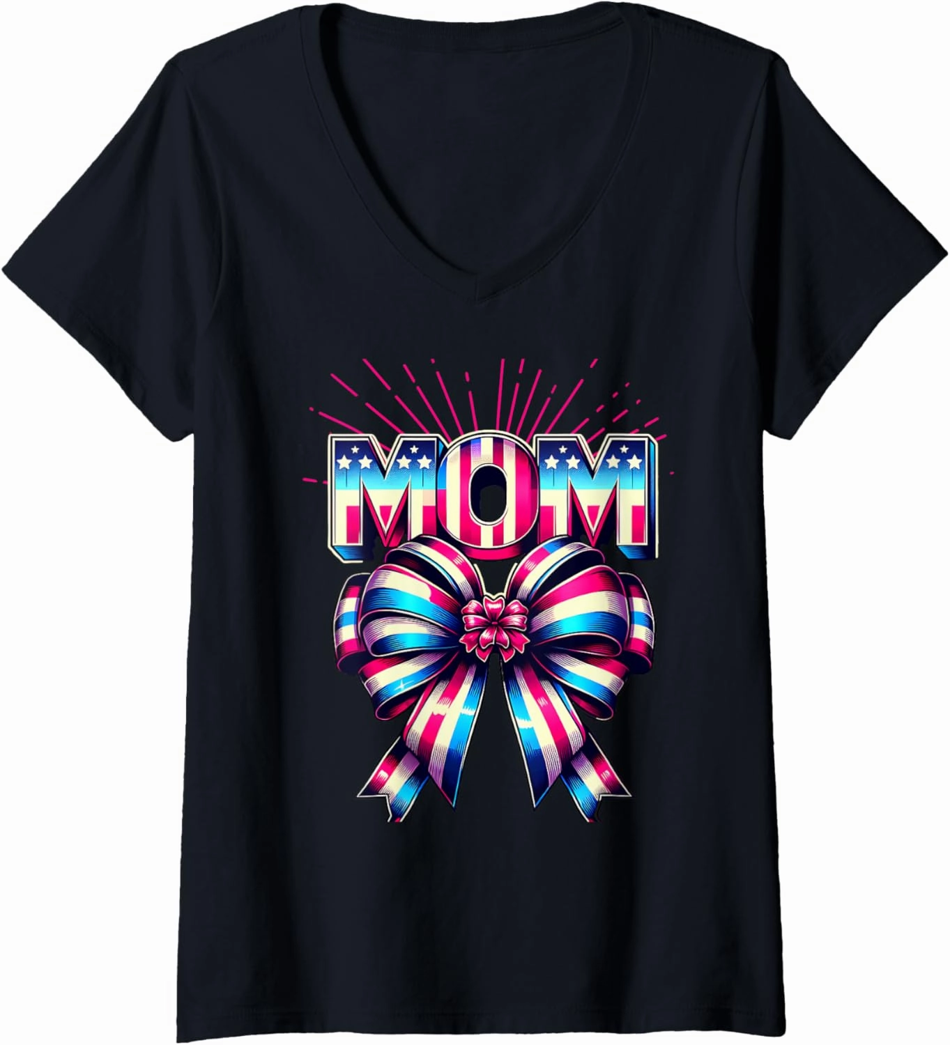 Womens Mom 80s Patriotic Bow Red Ray America Style 4th of July V-Neck T-Shirt