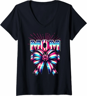 Womens Mom 80s Patriotic Bow Red Ray America Style 4th of July V-Neck T-Shirt