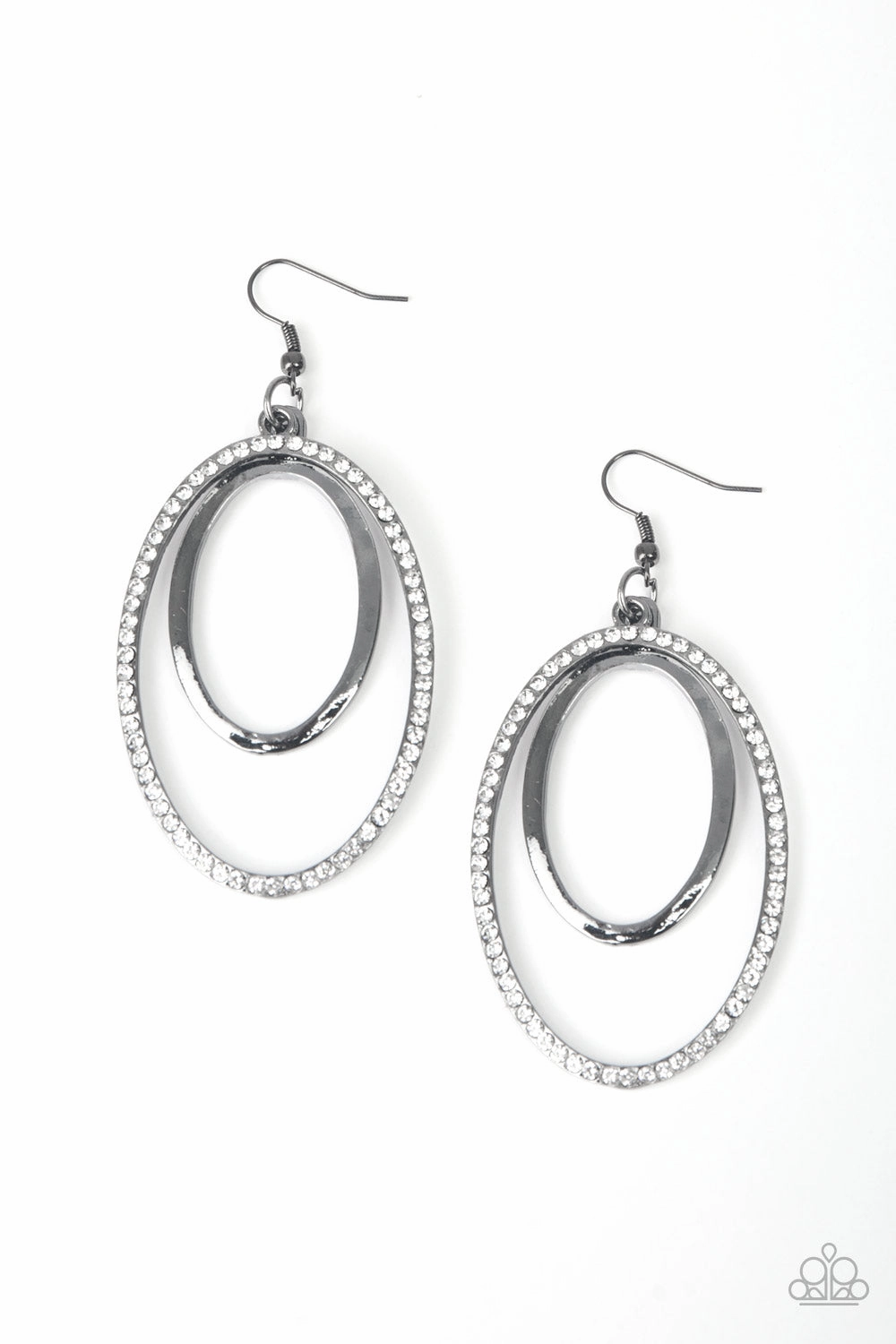 WRAPPED IN WEALTH - BLACK METAL CLEAR RHINESTONES DOUBLE OVAL EARRINGS