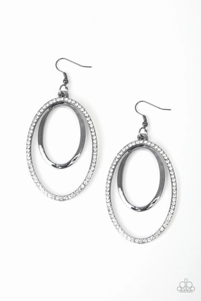 WRAPPED IN WEALTH - BLACK METAL CLEAR RHINESTONES DOUBLE OVAL EARRINGS