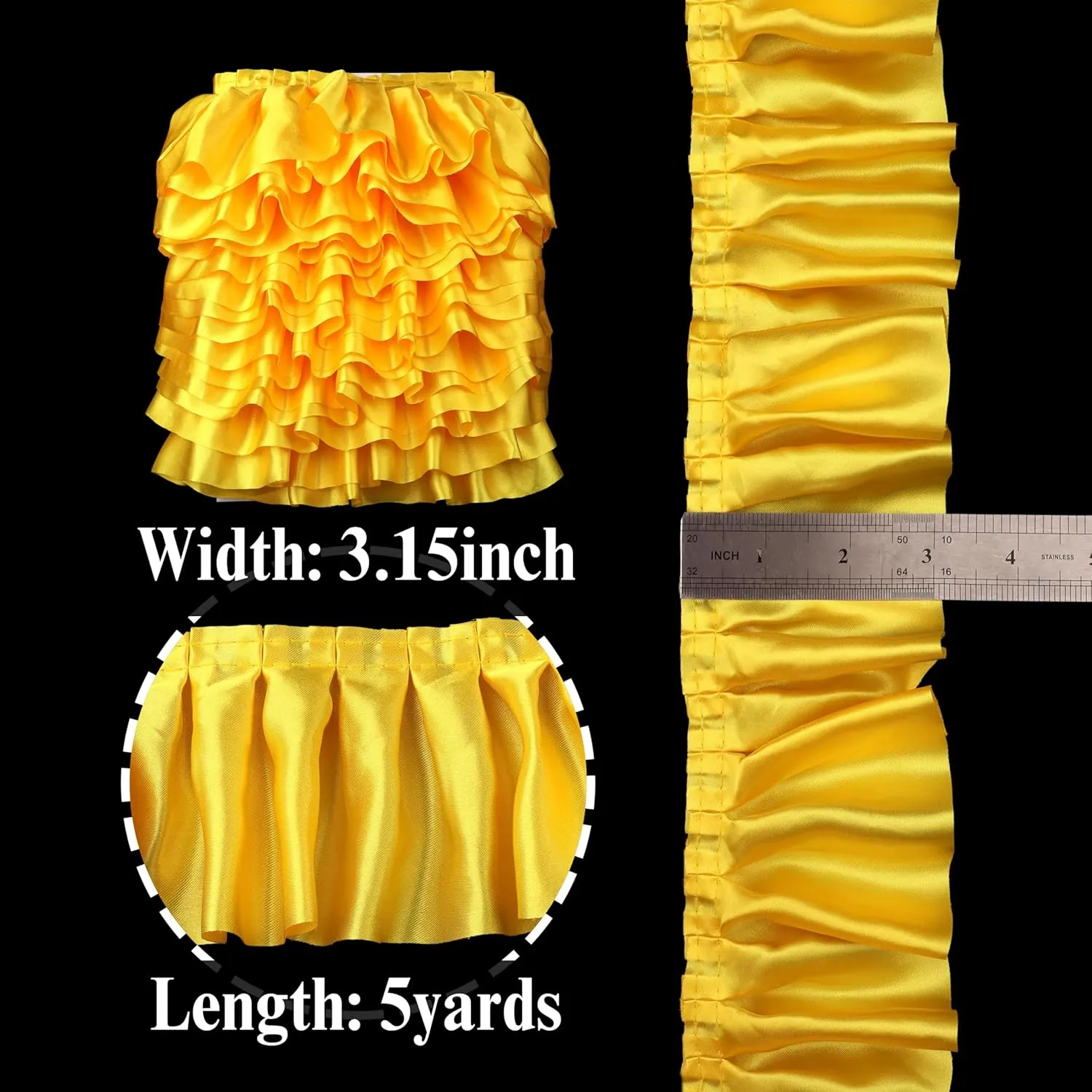 Yellow Ruffle Ribbon 3inch Wide Ruffle Trim Lace Craft Supply for Sewing, Decor AIETSYEI
