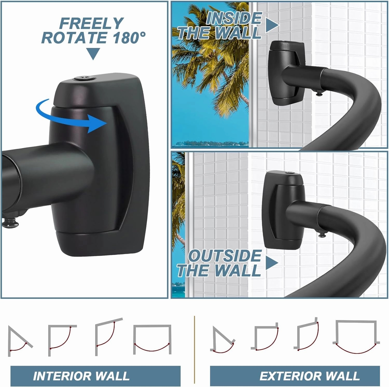 YNL Curved Shower Curtain Rod 35-82In(2.9-6.8Ft), Matte Black Rounded Rustproof Shower Rod for Bathroom Bathtub, Adjustable Arched Shower Rod, Never Rust|Extra Space|Non-Slip|Expandable|Need to Drill