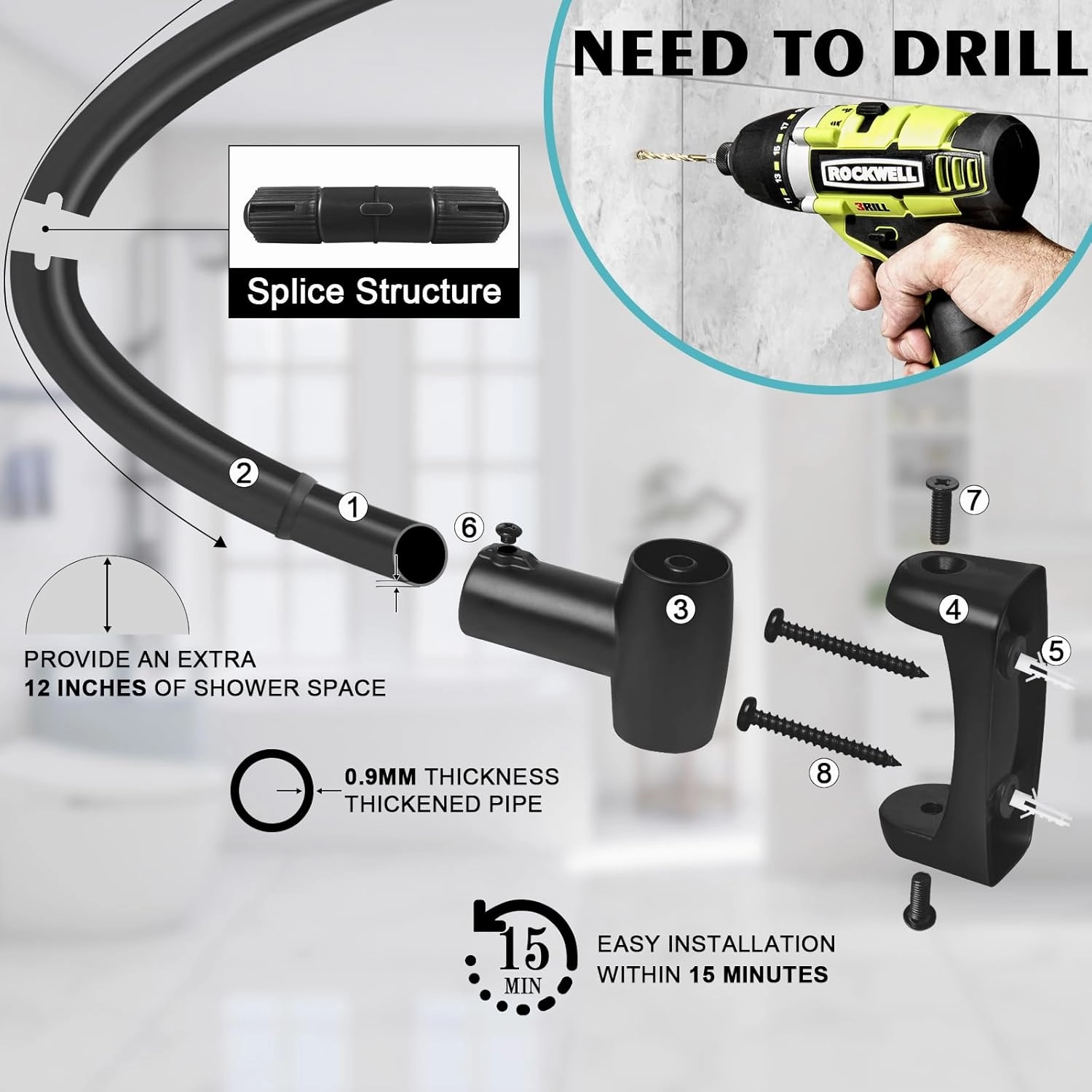 YNL Curved Shower Curtain Rod 35-82In(2.9-6.8Ft), Matte Black Rounded Rustproof Shower Rod for Bathroom Bathtub, Adjustable Arched Shower Rod, Never Rust|Extra Space|Non-Slip|Expandable|Need to Drill