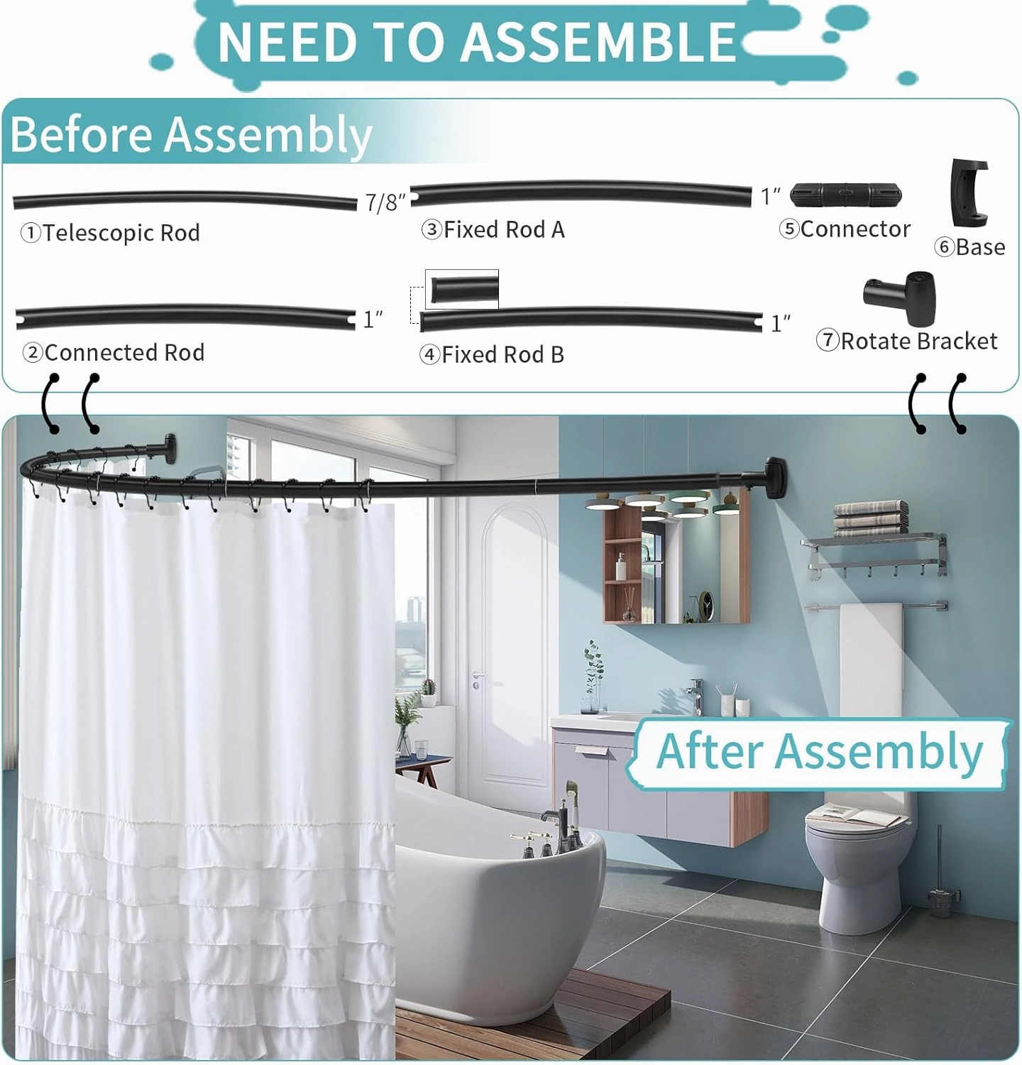 YNL Curved Shower Curtain Rod 35-82In(2.9-6.8Ft), Matte Black Rounded Rustproof Shower Rod for Bathroom Bathtub, Adjustable Arched Shower Rod, Never Rust|Extra Space|Non-Slip|Expandable|Need to Drill