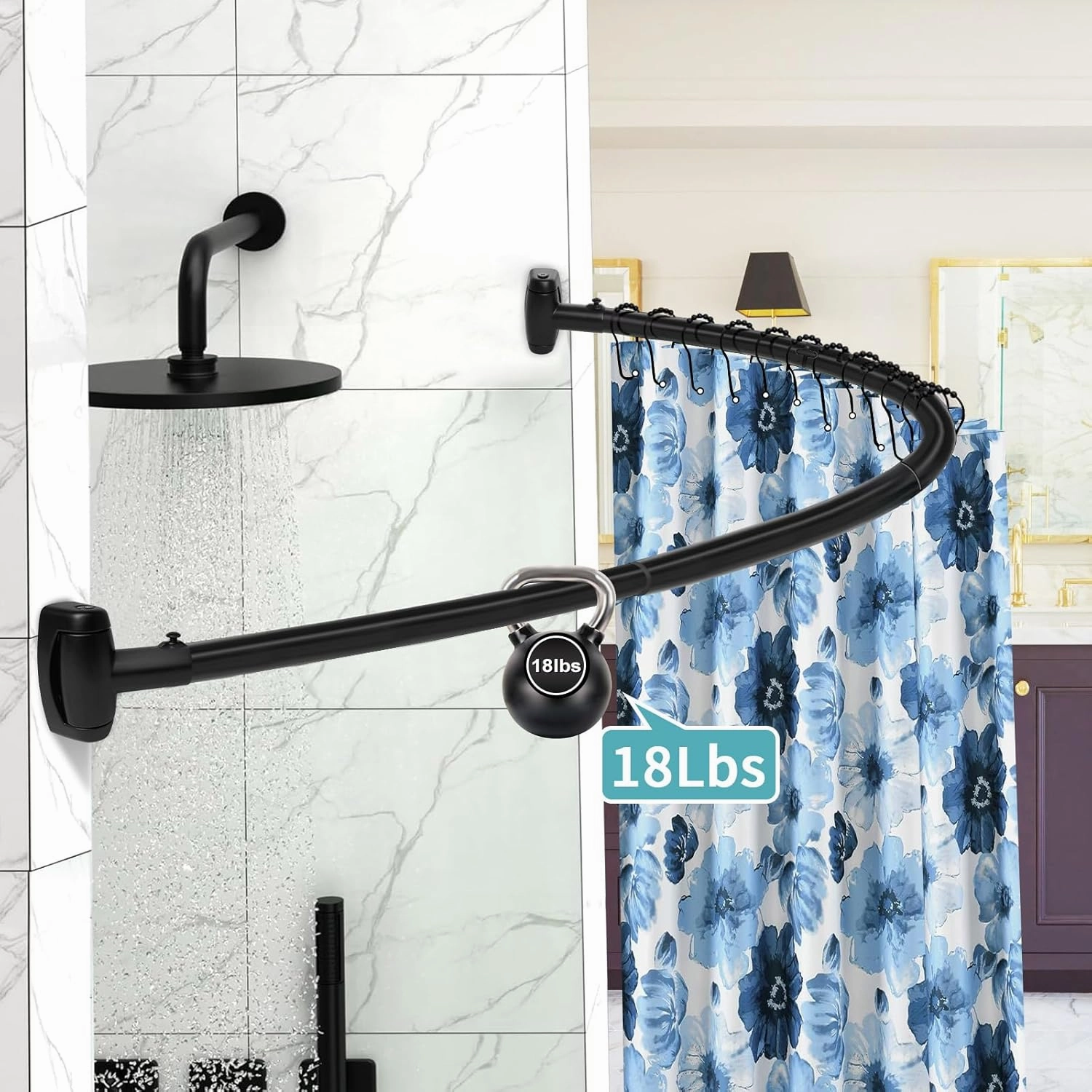 YNL Curved Shower Curtain Rod 35-82In(2.9-6.8Ft), Matte Black Rounded Rustproof Shower Rod for Bathroom Bathtub, Adjustable Arched Shower Rod, Never Rust|Extra Space|Non-Slip|Expandable|Need to Drill