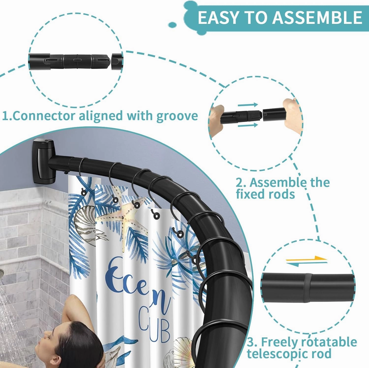 YNL Curved Shower Curtain Rod 35-82In(2.9-6.8Ft), Matte Black Rounded Rustproof Shower Rod for Bathroom Bathtub, Adjustable Arched Shower Rod, Never Rust|Extra Space|Non-Slip|Expandable|Need to Drill