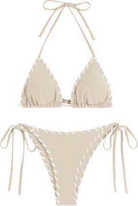 ZAFUL Women Wave Textured Bikini Set Two Piece Twisted Trim Tie Back Halter Cheeky Swimsuit Bathing Suit