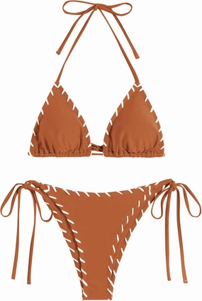 ZAFUL Women Wave Textured Bikini Set Two Piece Twisted Trim Tie Back Halter Cheeky Swimsuit Bathing Suit