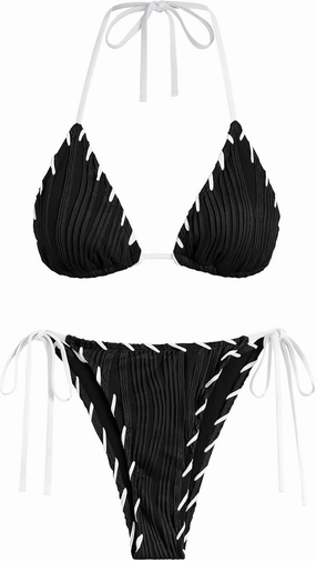 ZAFUL Women Wave Textured Bikini Set Two Piece Twisted Trim Tie Back Halter Cheeky Swimsuit Bathing Suit
