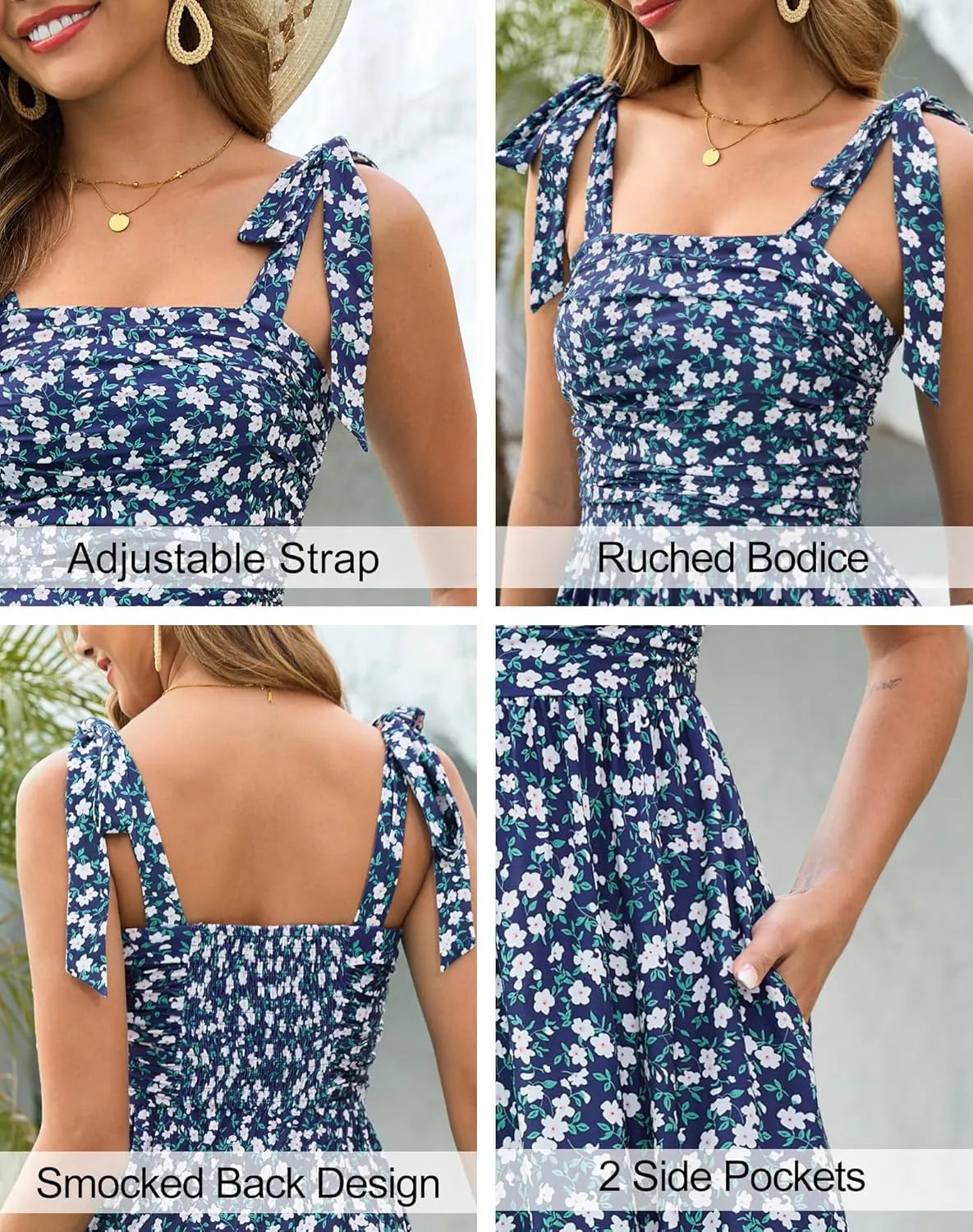 Zattcas Womens 2025 Summer Spaghetti Strap Floral Maxi Dress with Pockets Smocked Flowy Long Beach Vacation Sundresses