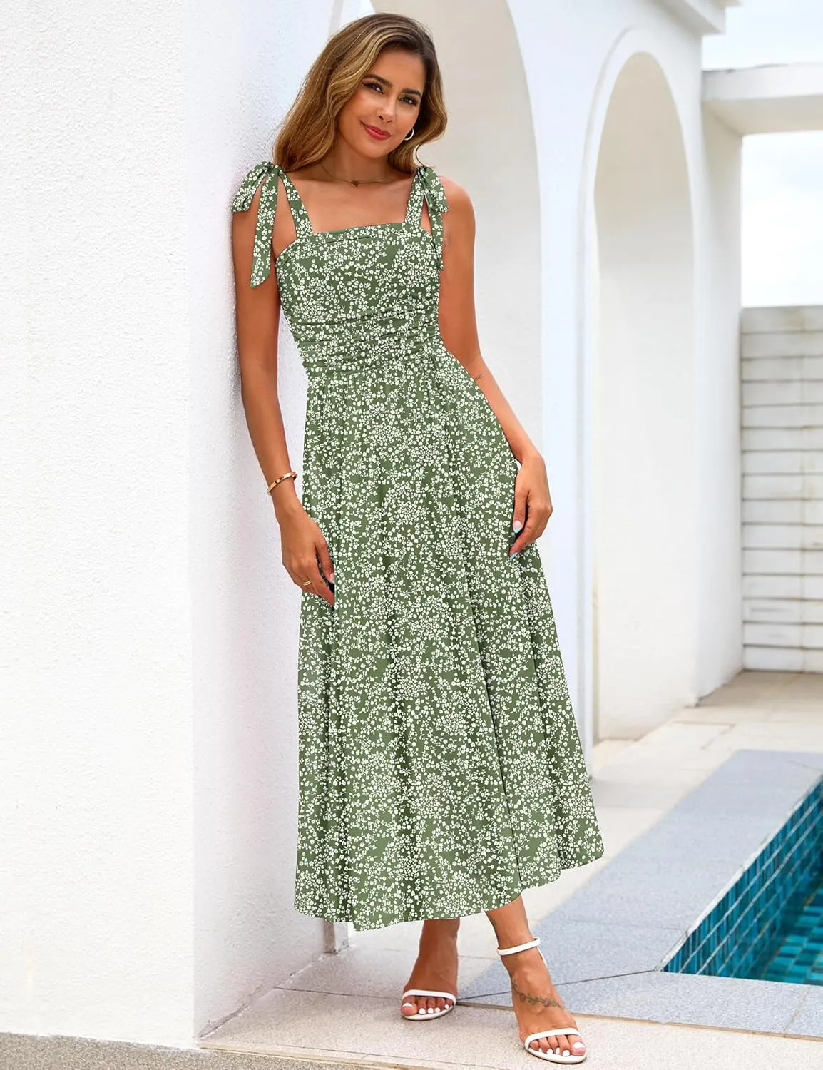 Zattcas Womens 2025 Summer Spaghetti Strap Floral Maxi Dress with Pockets Smocked Flowy Long Beach Vacation Sundresses