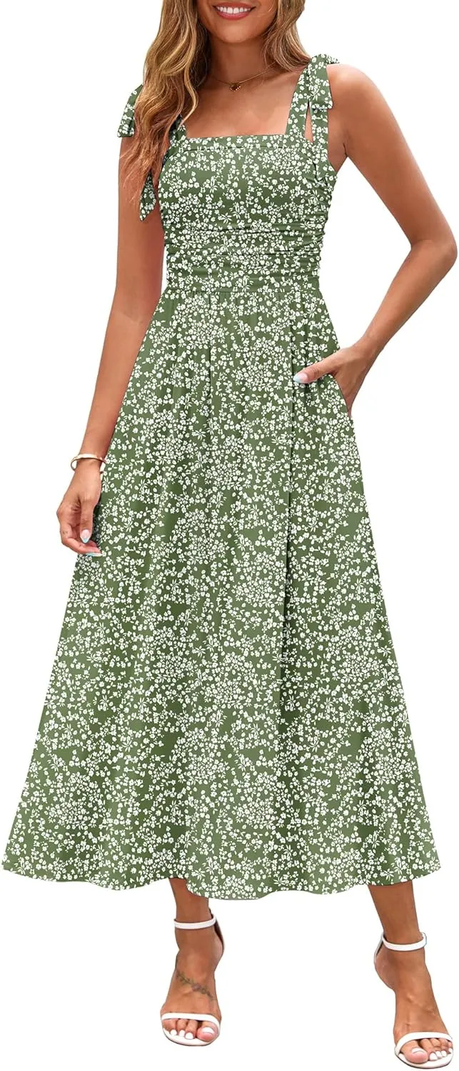 Zattcas Womens 2025 Summer Spaghetti Strap Floral Maxi Dress with Pockets Smocked Flowy Long Beach Vacation Sundresses