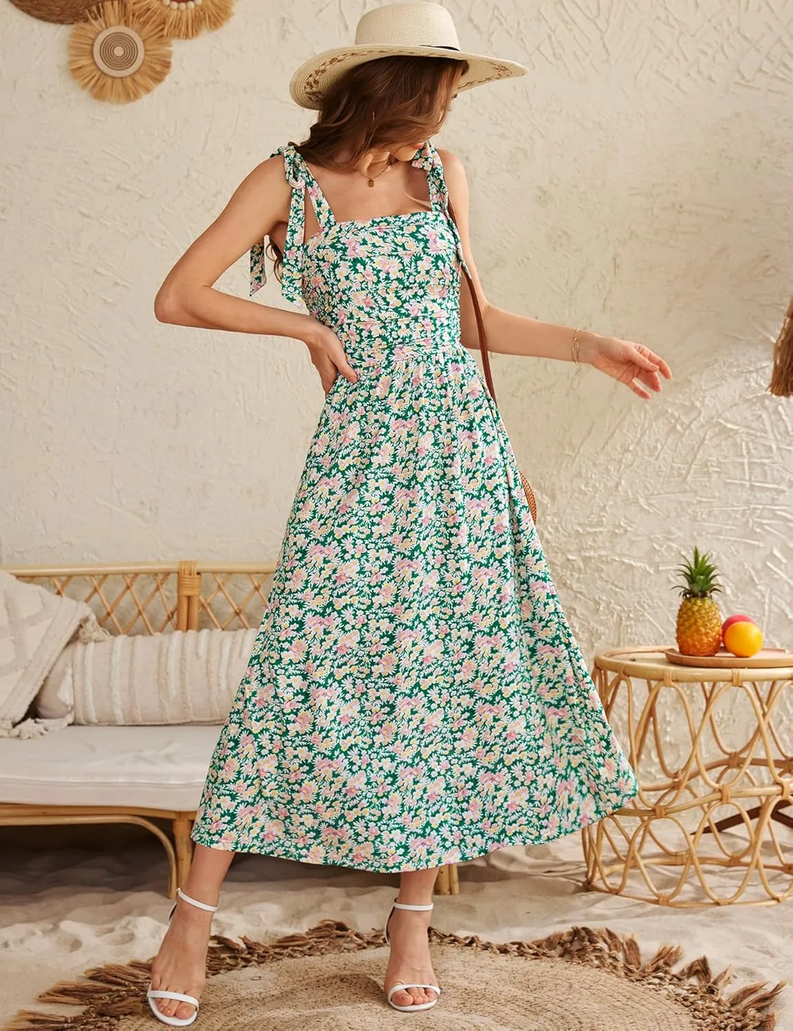 Zattcas Womens 2025 Summer Spaghetti Strap Floral Maxi Dress with Pockets Smocked Flowy Long Beach Vacation Sundresses