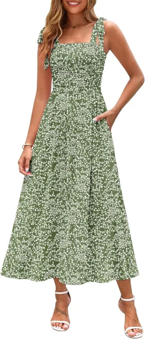 Zattcas Womens 2025 Summer Spaghetti Strap Floral Maxi Dress with Pockets Smocked Flowy Long Beach Vacation Sundresses