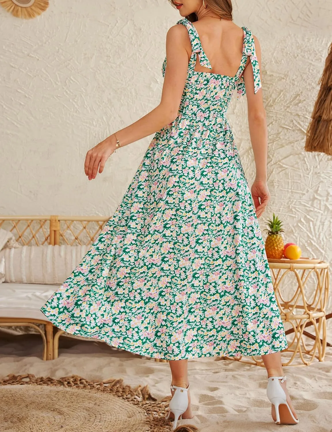 Zattcas Womens 2025 Summer Spaghetti Strap Floral Maxi Dress with Pockets Smocked Flowy Long Beach Vacation Sundresses