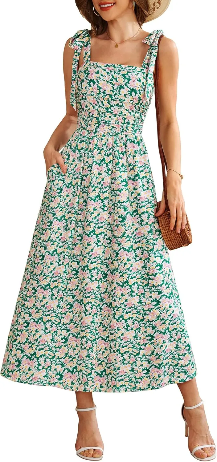 Zattcas Womens 2025 Summer Spaghetti Strap Floral Maxi Dress with Pockets Smocked Flowy Long Beach Vacation Sundresses