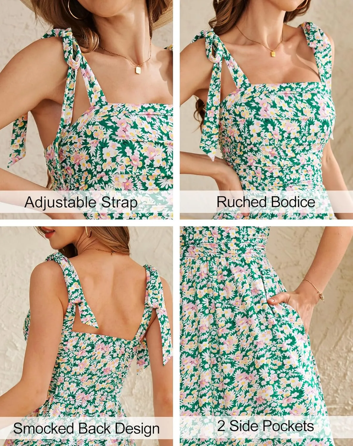 Zattcas Womens 2025 Summer Spaghetti Strap Floral Maxi Dress with Pockets Smocked Flowy Long Beach Vacation Sundresses