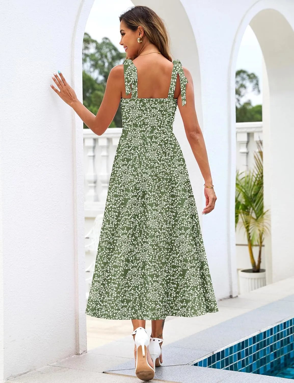 Zattcas Womens 2025 Summer Spaghetti Strap Floral Maxi Dress with Pockets Smocked Flowy Long Beach Vacation Sundresses
