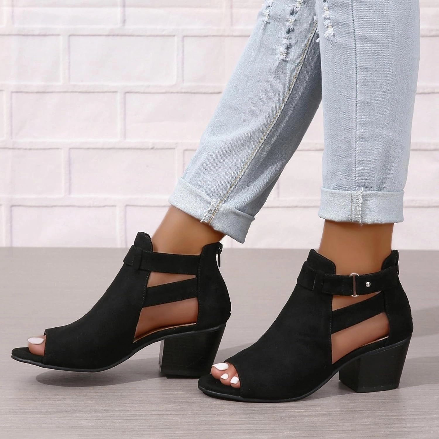 ZBYY Womens Peep Toe Ankle Booties Chunky Heels Cutout Back Zipper Sandals Suede Side Ankle Strap Dress Sandals