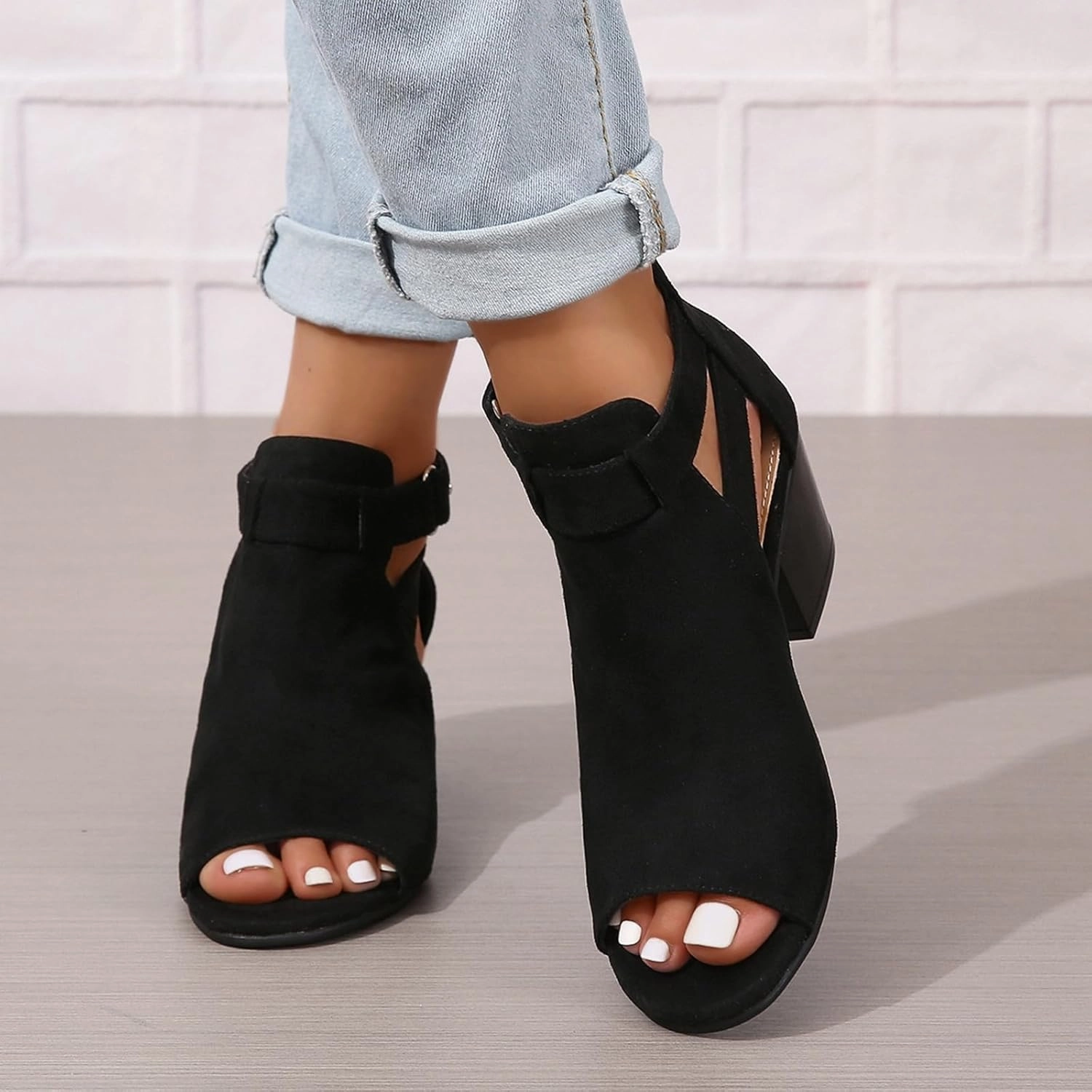 ZBYY Womens Peep Toe Ankle Booties Chunky Heels Cutout Back Zipper Sandals Suede Side Ankle Strap Dress Sandals