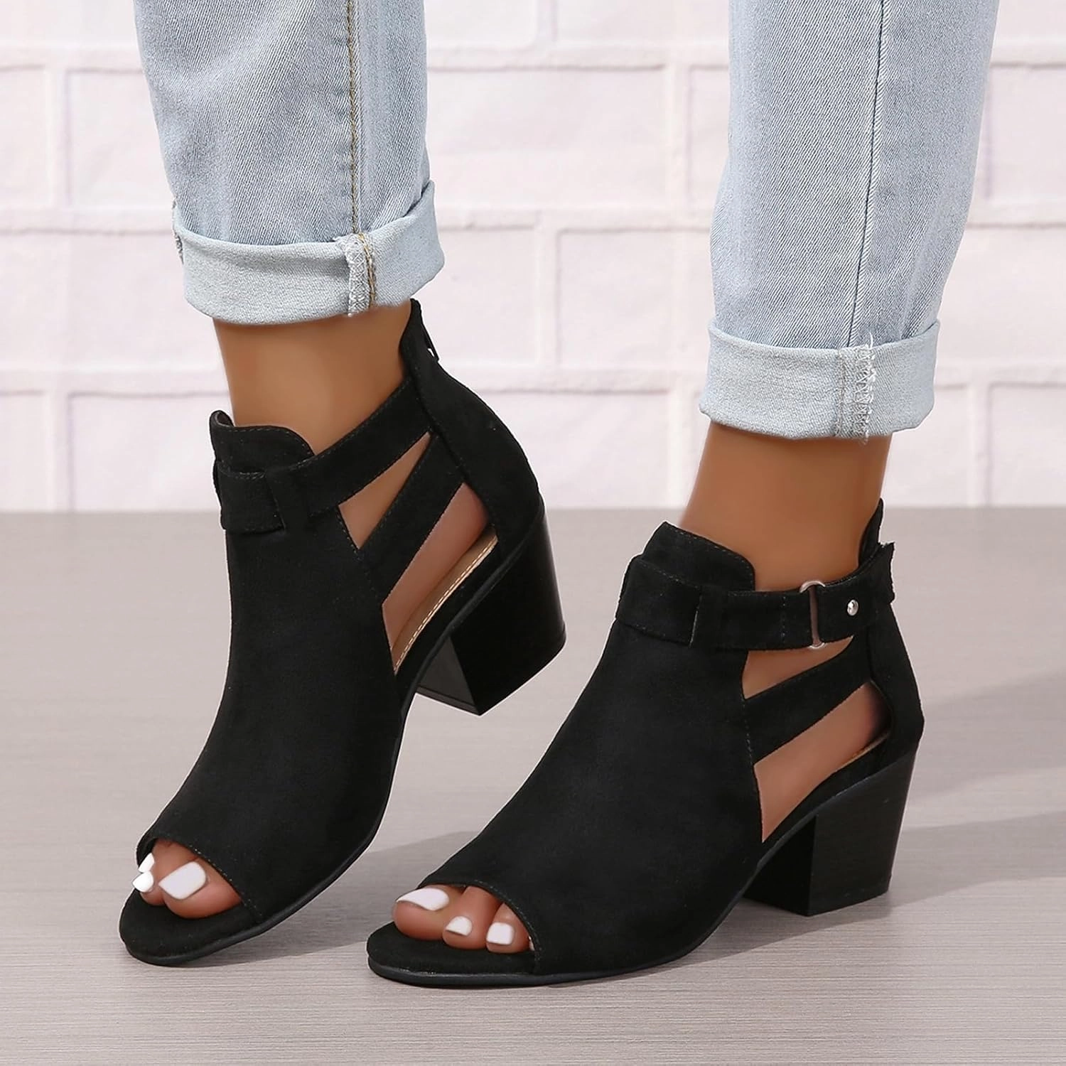 ZBYY Womens Peep Toe Ankle Booties Chunky Heels Cutout Back Zipper Sandals Suede Side Ankle Strap Dress Sandals