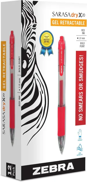 Zebra Pen ZEB46630 Zebra Sarasa Retractable Gel Ink Pens, Bold Point 1.0mm, Red, Rapid Dry Ink, 12-Count