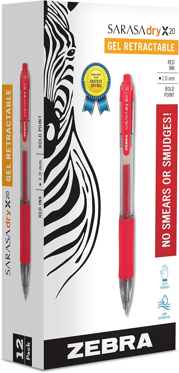 Zebra Pen ZEB46630 Zebra Sarasa Retractable Gel Ink Pens, Bold Point 1.0mm, Red, Rapid Dry Ink, 12-Count