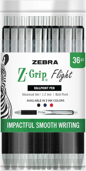 Zebra Pen Z-Grip Flight Retractable Ballpoint Pen, Bold Point, 1.2mm, Black, Blue, Red (Pack of 1,36 Count Total)