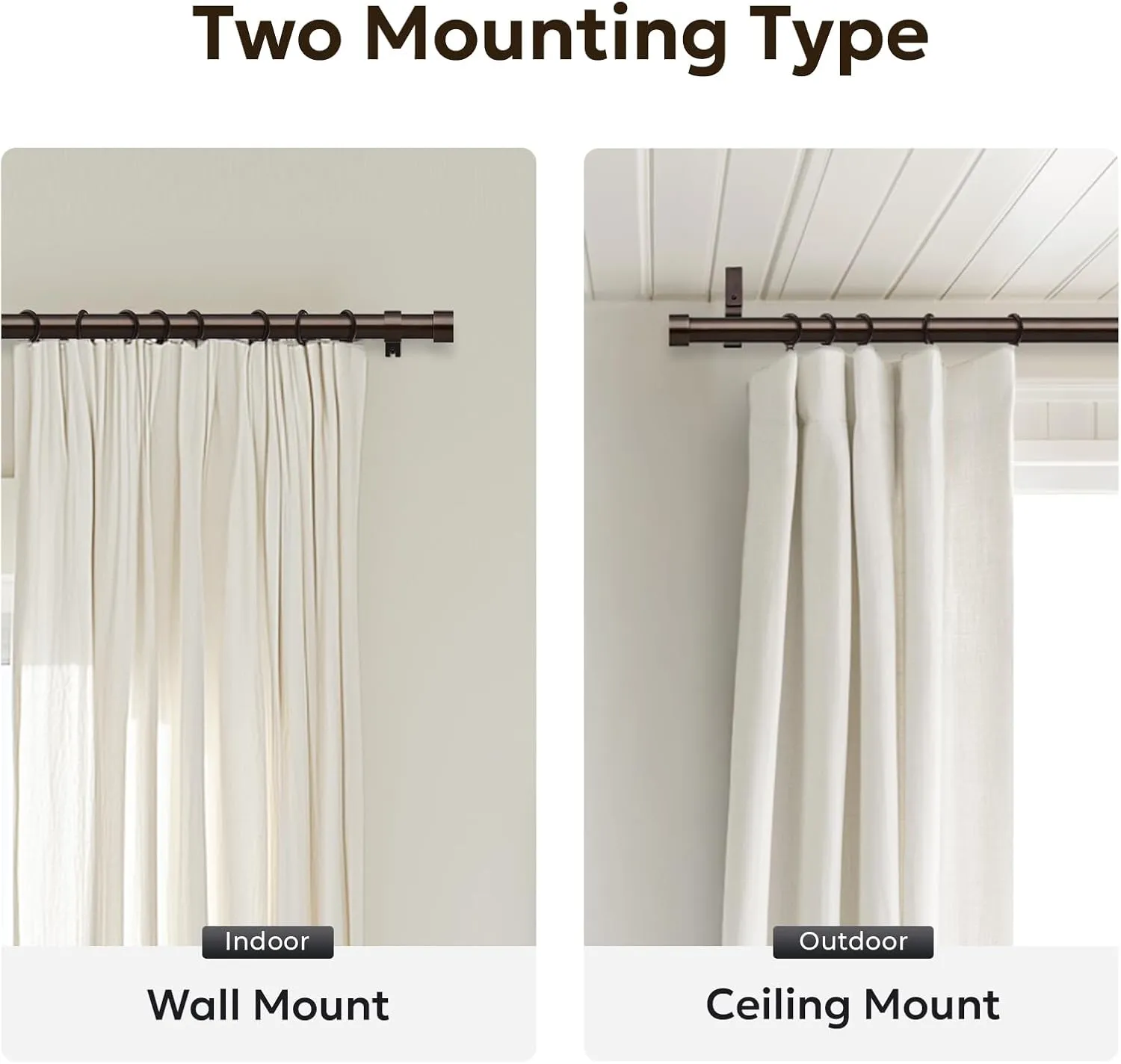 Zeerobee Curtain Rods for Windows 66 to 120, Bronze Curtain Rod, Adjustable 1 Inch Heavy Duty Outdoor/Indoor Modern Drapery Pole, 32"-120"