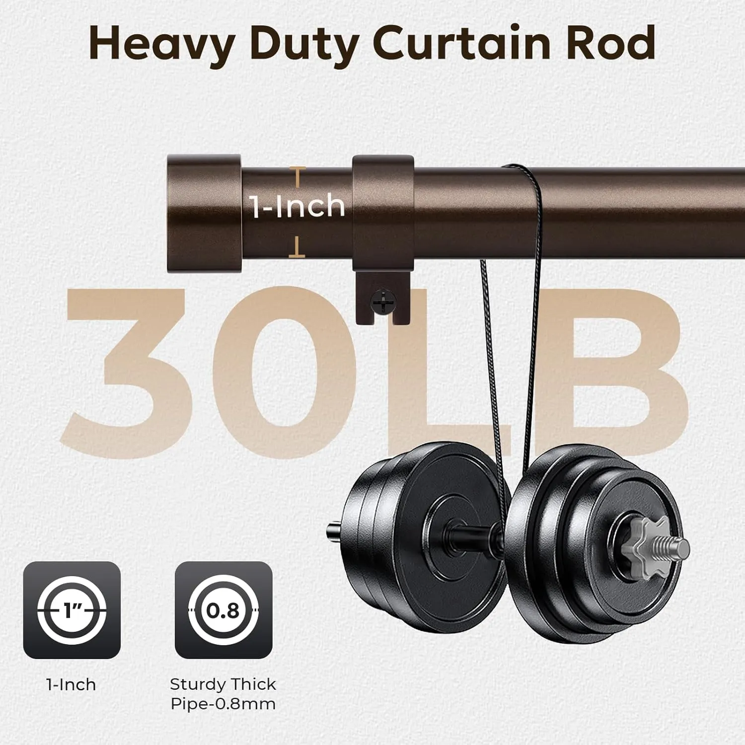 Zeerobee Curtain Rods for Windows 66 to 120, Bronze Curtain Rod, Adjustable 1 Inch Heavy Duty Outdoor/Indoor Modern Drapery Pole, 32"-120"