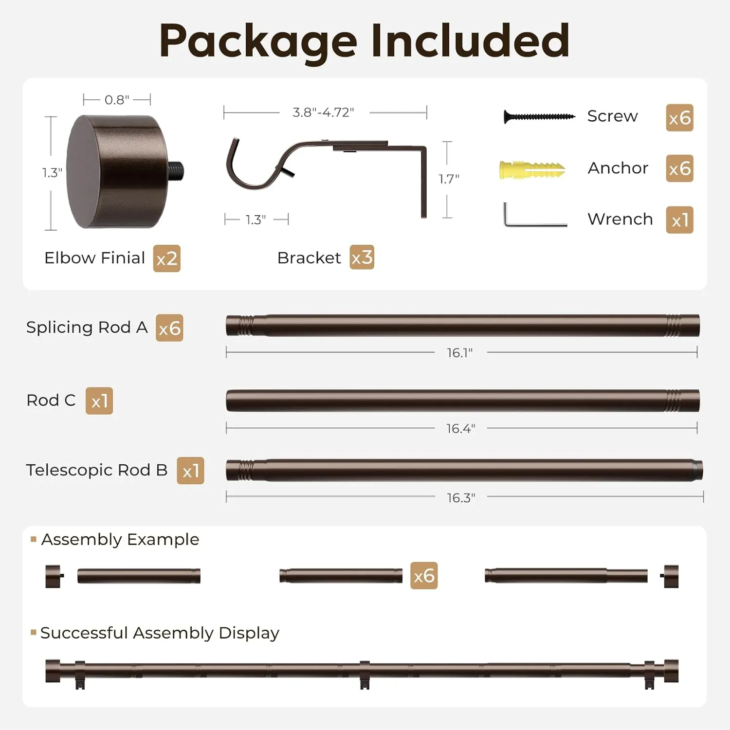 Zeerobee Curtain Rods for Windows 66 to 120, Bronze Curtain Rod, Adjustable 1 Inch Heavy Duty Outdoor/Indoor Modern Drapery Pole, 32"-120"