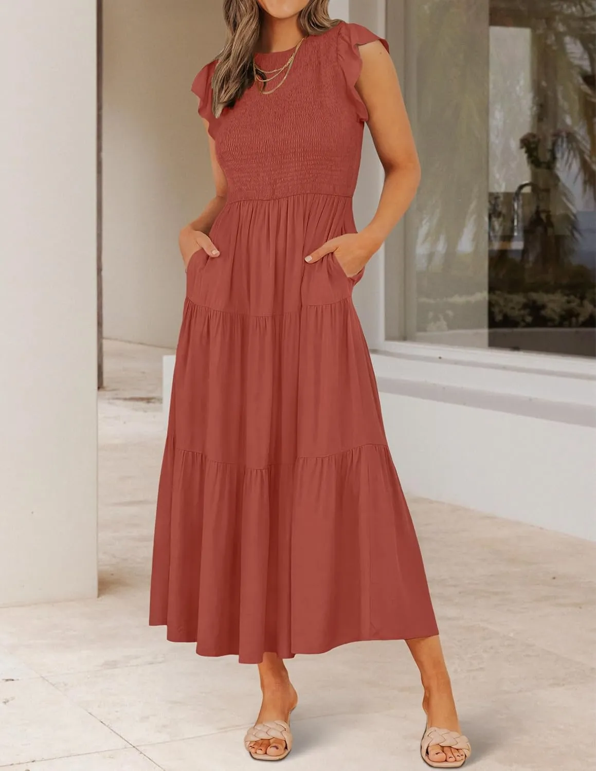 ZESICA Women's 2025 Summer Casual Flutter Short Sleeve Crew Neck Smocked Elastic Waist Tiered Midi Dress