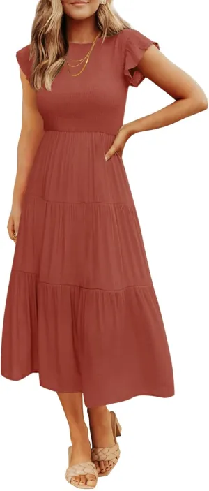 ZESICA Women's 2025 Summer Casual Flutter Short Sleeve Crew Neck Smocked Elastic Waist Tiered Midi Dress