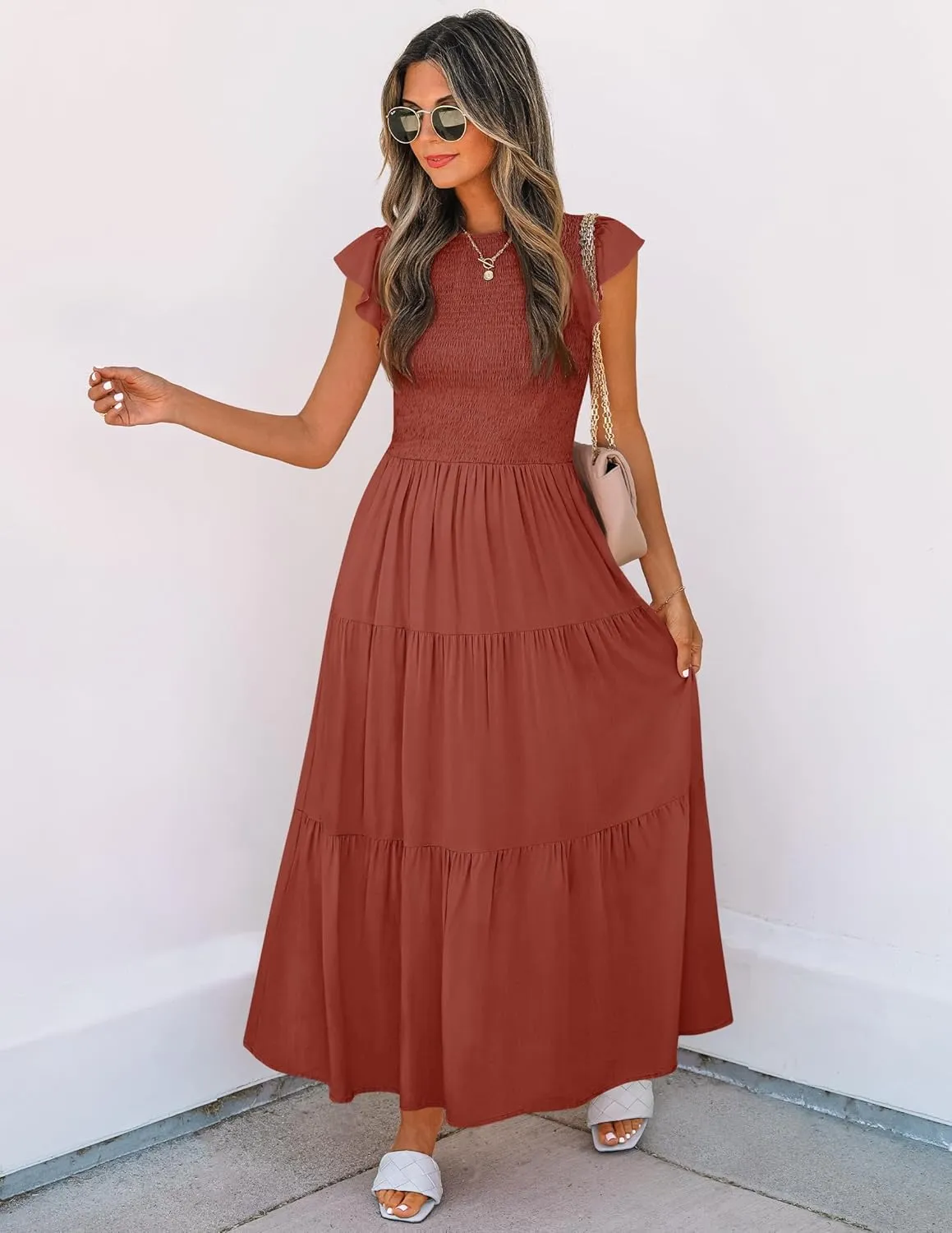 ZESICA Women's 2025 Summer Casual Flutter Short Sleeve Crew Neck Smocked Elastic Waist Tiered Midi Dress
