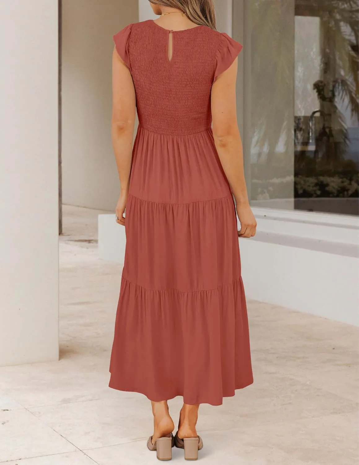 ZESICA Women's 2025 Summer Casual Flutter Short Sleeve Crew Neck Smocked Elastic Waist Tiered Midi Dress