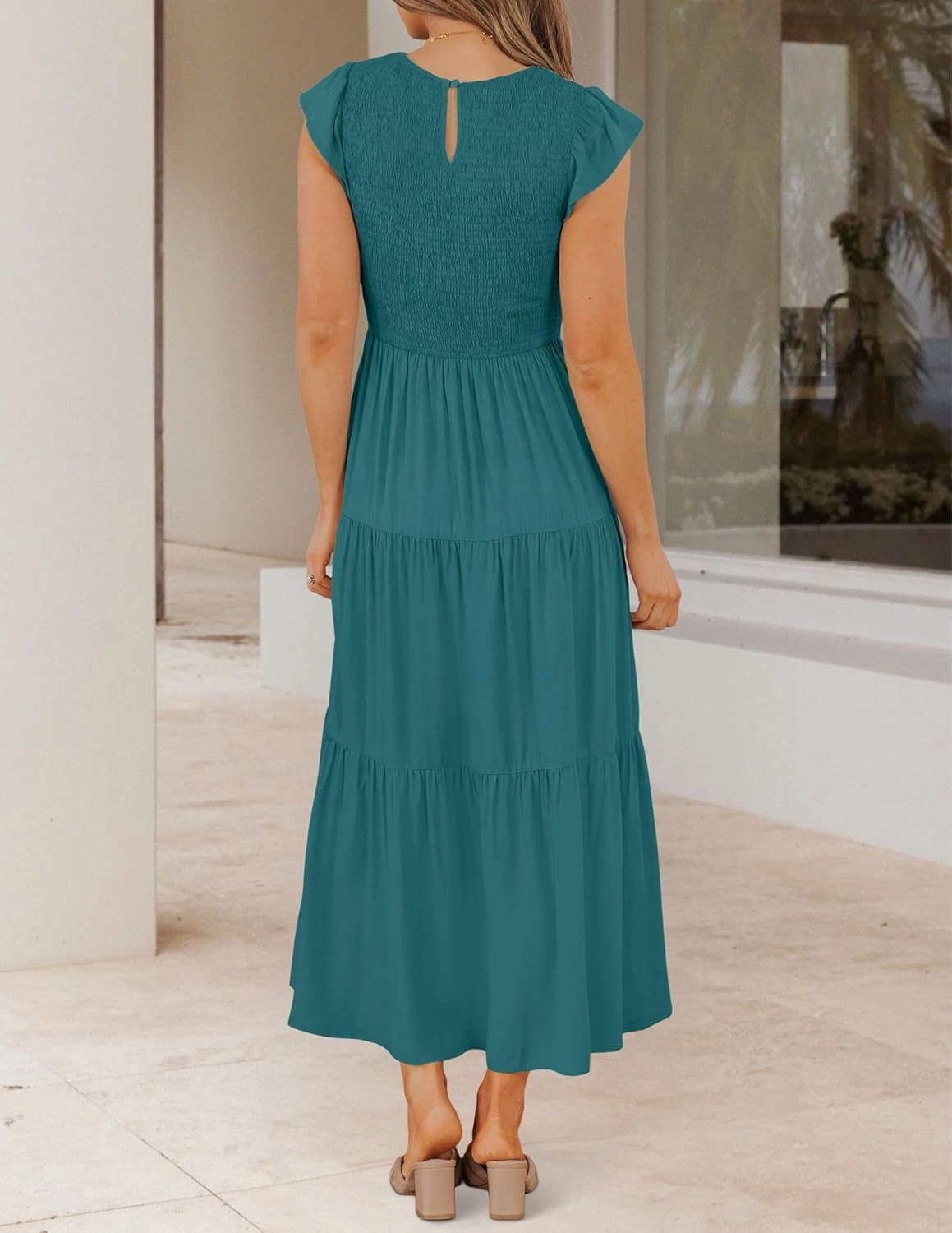 ZESICA Women's 2025 Summer Casual Flutter Short Sleeve Crew Neck Smocked Elastic Waist Tiered Midi Dress