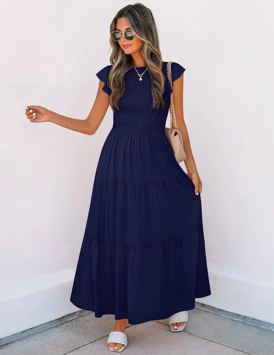 ZESICA Women's 2025 Summer Casual Flutter Short Sleeve Crew Neck Smocked Elastic Waist Tiered Midi Dress