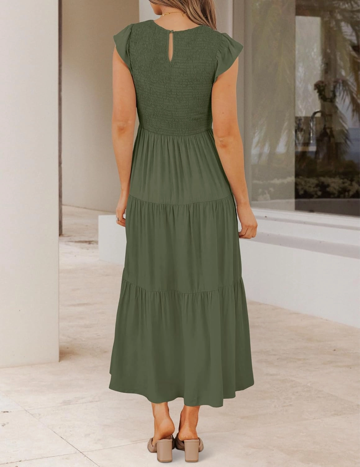 ZESICA Women's 2025 Summer Casual Flutter Short Sleeve Crew Neck Smocked Elastic Waist Tiered Midi Dress