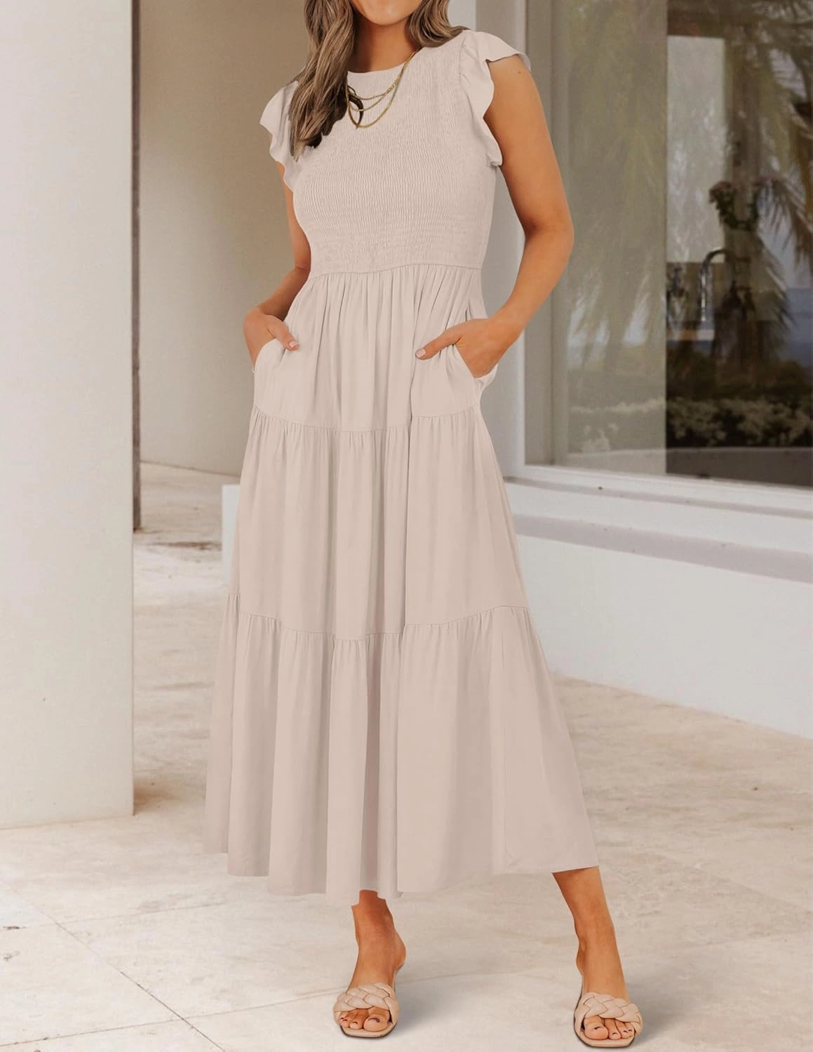 ZESICA Women's 2025 Summer Casual Flutter Short Sleeve Crew Neck Smocked Elastic Waist Tiered Midi Dress