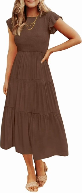 ZESICA Women's 2025 Summer Casual Flutter Short Sleeve Crew Neck Smocked Elastic Waist Tiered Midi Dress