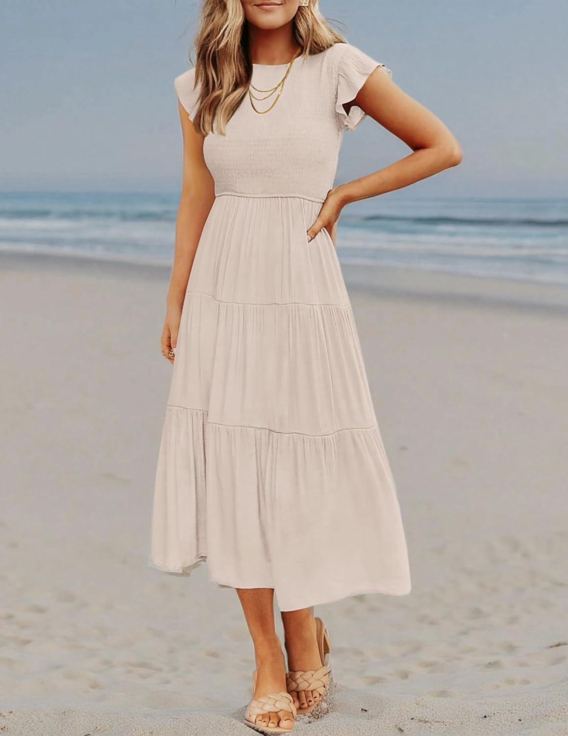 ZESICA Women's 2025 Summer Casual Flutter Short Sleeve Crew Neck Smocked Elastic Waist Tiered Midi Dress