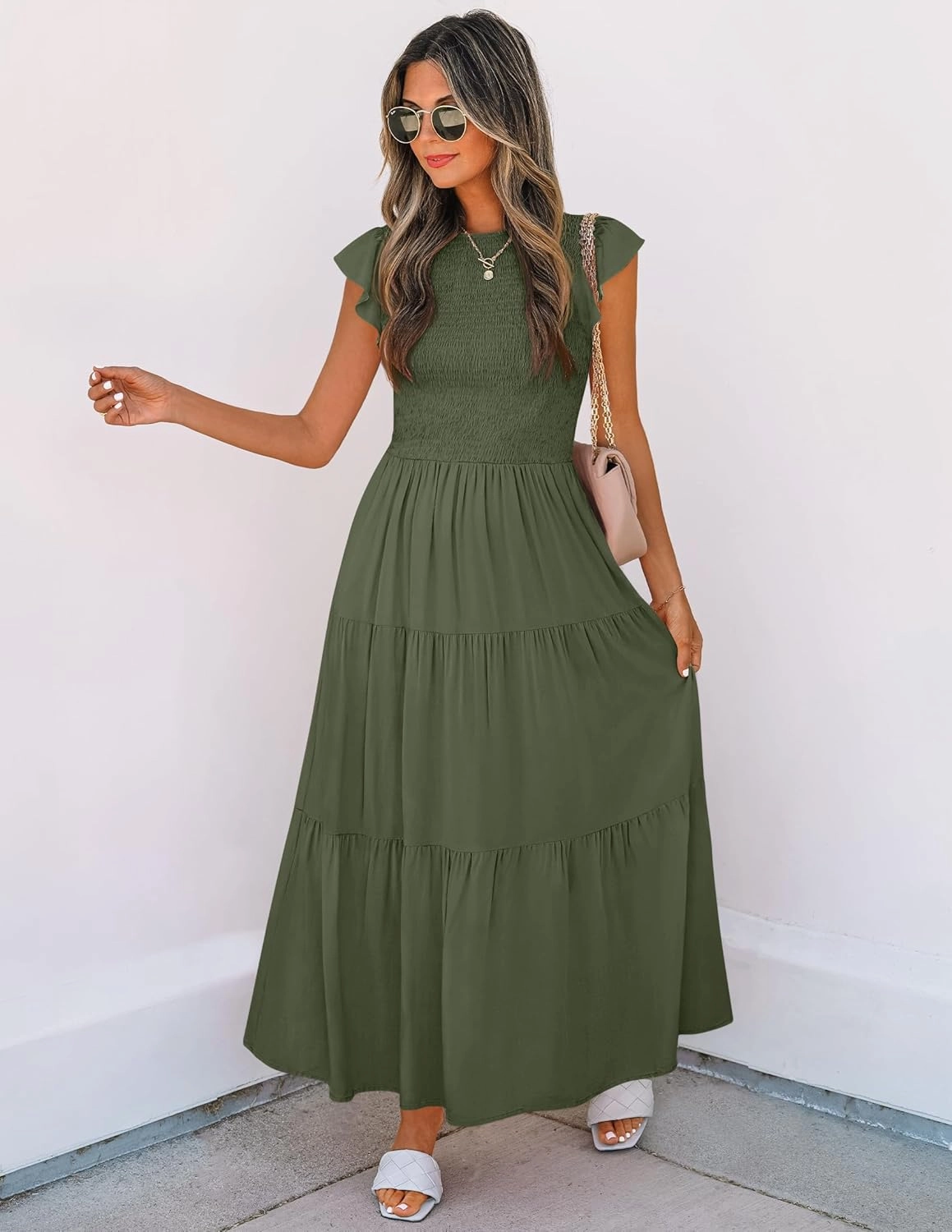 ZESICA Women's 2025 Summer Casual Flutter Short Sleeve Crew Neck Smocked Elastic Waist Tiered Midi Dress