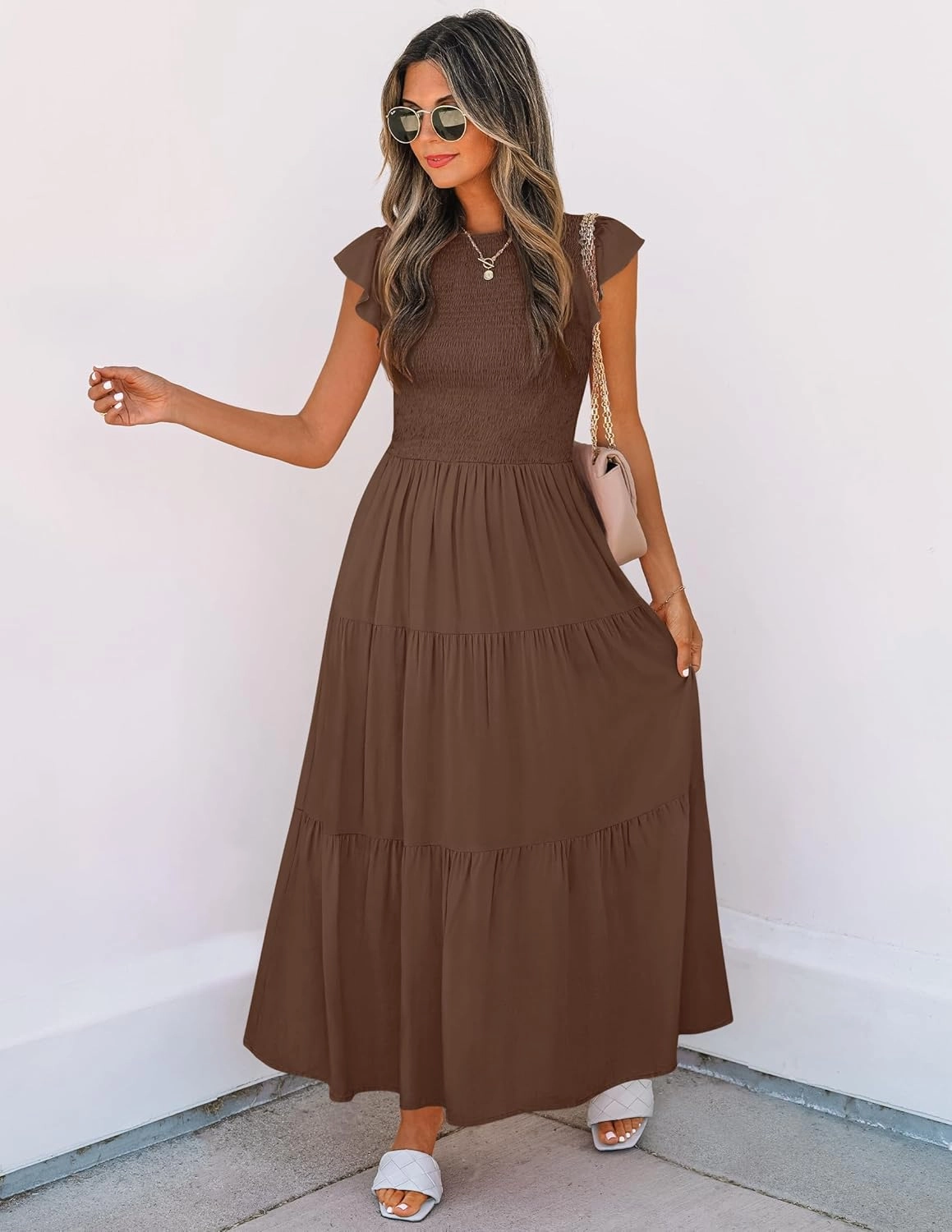 ZESICA Women's 2025 Summer Casual Flutter Short Sleeve Crew Neck Smocked Elastic Waist Tiered Midi Dress
